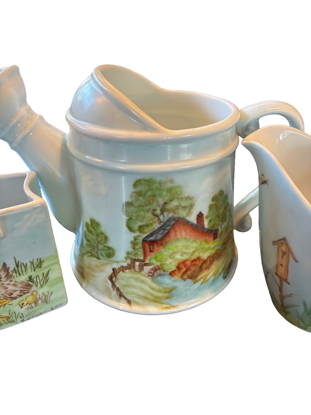 1999 Hand Painted Ceramic Tea Set Watering Can Pitcher Country Farmhouse - Picture 3 of 7
